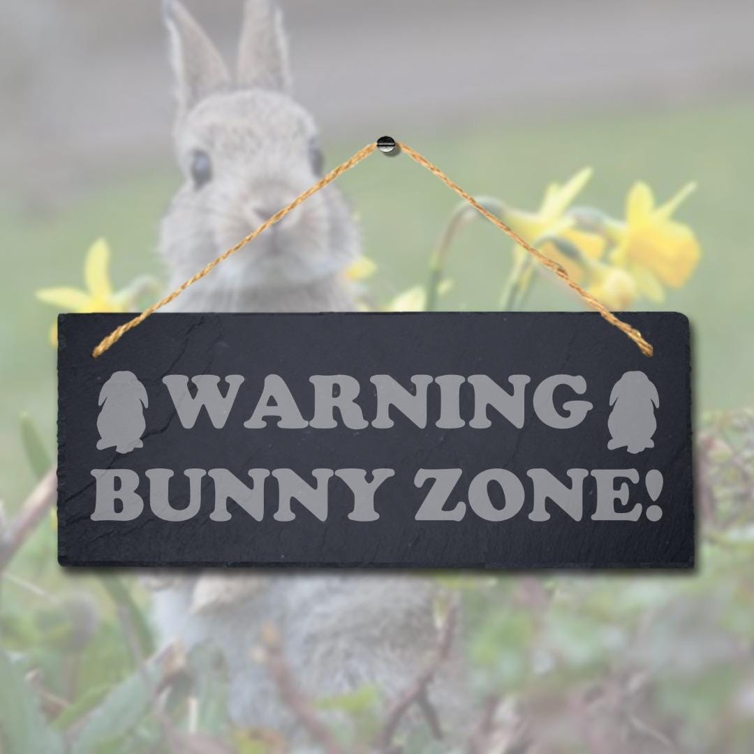 Warning Bunny Zone Laser Engraved Hanging Slate Rabbit Bunny Home Plaque Sign