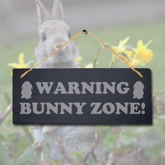 Warning Bunny Zone Laser Engraved Hanging Slate Rabbit Bunny Home Plaque Sign