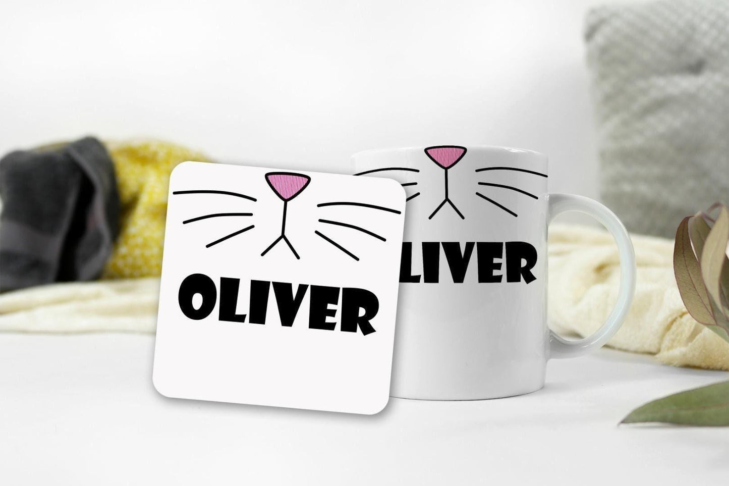 Personalised Mug And Coaster Gift Set Cat Kitty Face Birthday Christmas Tea Gift
