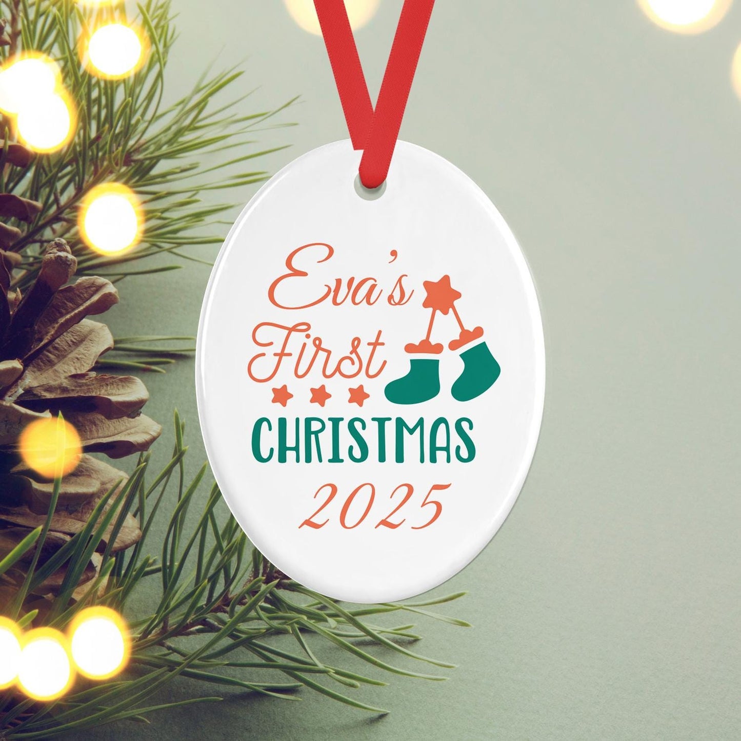 Personalised Babys First Christmas Oval Ceramic Bauble Tree Hanging Decoration Keepsake