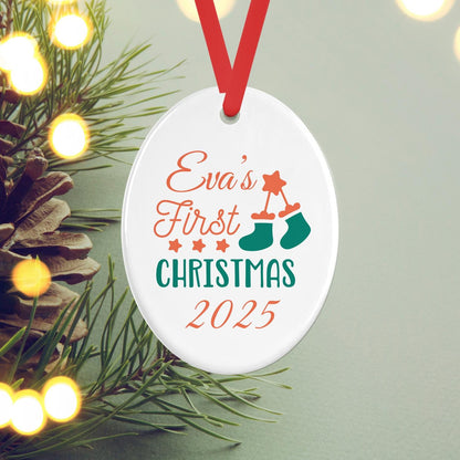Personalised Babys First Christmas Oval Ceramic Bauble Tree Hanging Decoration Keepsake