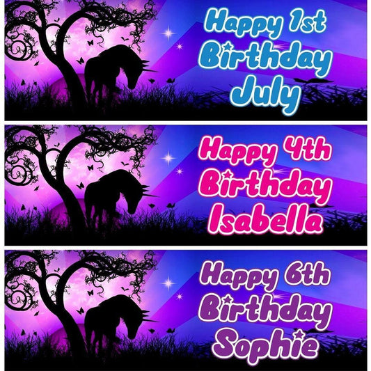 2 Personalised Black Unicorn Birthday Party Celebration Banner Decoration Poster For Girls