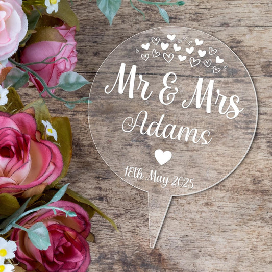 Personalised Engraved Wedding Cake Topper Mr & Mrs Acrylic Circle Decoration