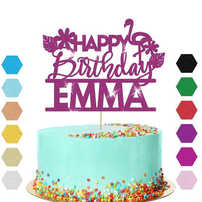 Personalised Flamingo Glitter Happy Birthday Cake Topper Party Cake Decoration