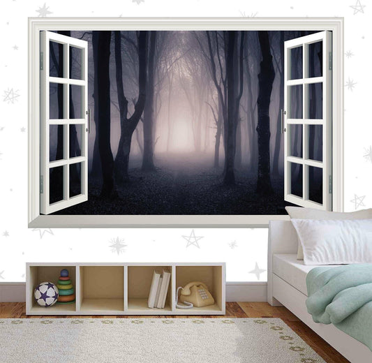 3D Misty Forest Wall Decal: Window View Vinyl Mural
