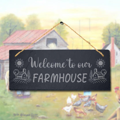 Welcome To Our Farm Design 2 Laser Engraved Hanging Slate Farmhouse Plaque Sign