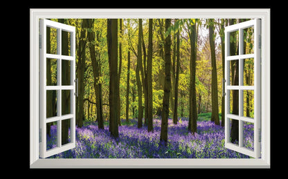 3D Window View Wall Decal: Purple Flower Forest Vinyl Mural