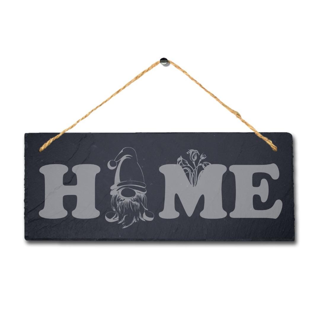Home With Gnome Laser Engraved Hanging Slate Garden Home Decor Plaque Sign