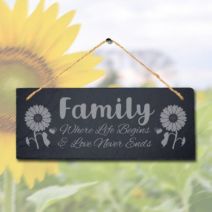 Family Where Life Begins Laser Engraved Hanging Slate House Home Plaque Sign