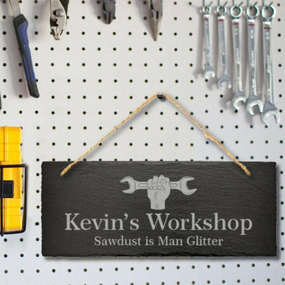 Large Personalised Name Hanging Slate Sign Engraved Plaque Workshop Shed Garage