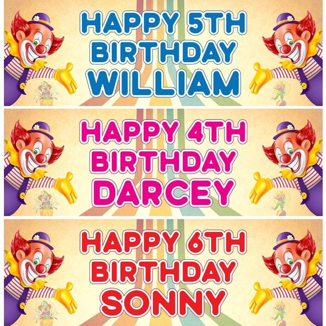 2 Personalised Clown Birthday Banners: Custom Name & Age