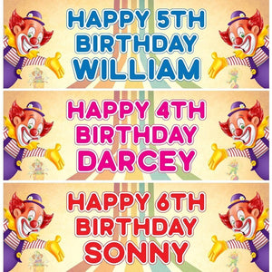 2 Personalised Clown Birthday Banners: Custom Name & Age