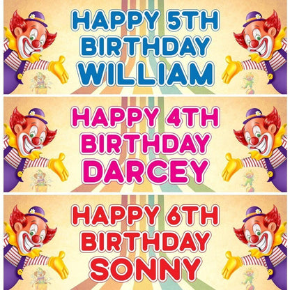 2 Personalised Clown Birthday Banners: Custom Name & Age