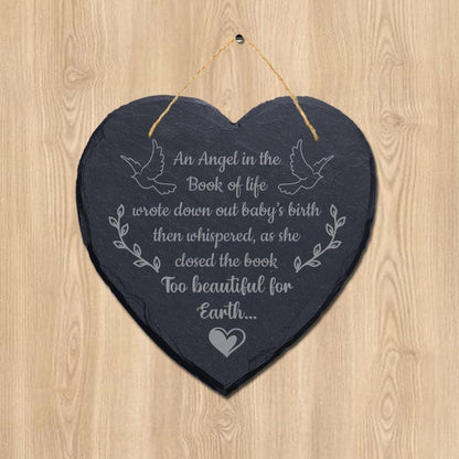 An Angel In The Book Of Life Engraved Wall Hanging Memorial Heart Shape Slate Sign