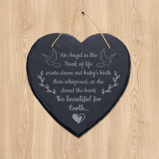 An Angel In The Book Of Life Engraved Wall Hanging Memorial Heart Shape Slate Sign