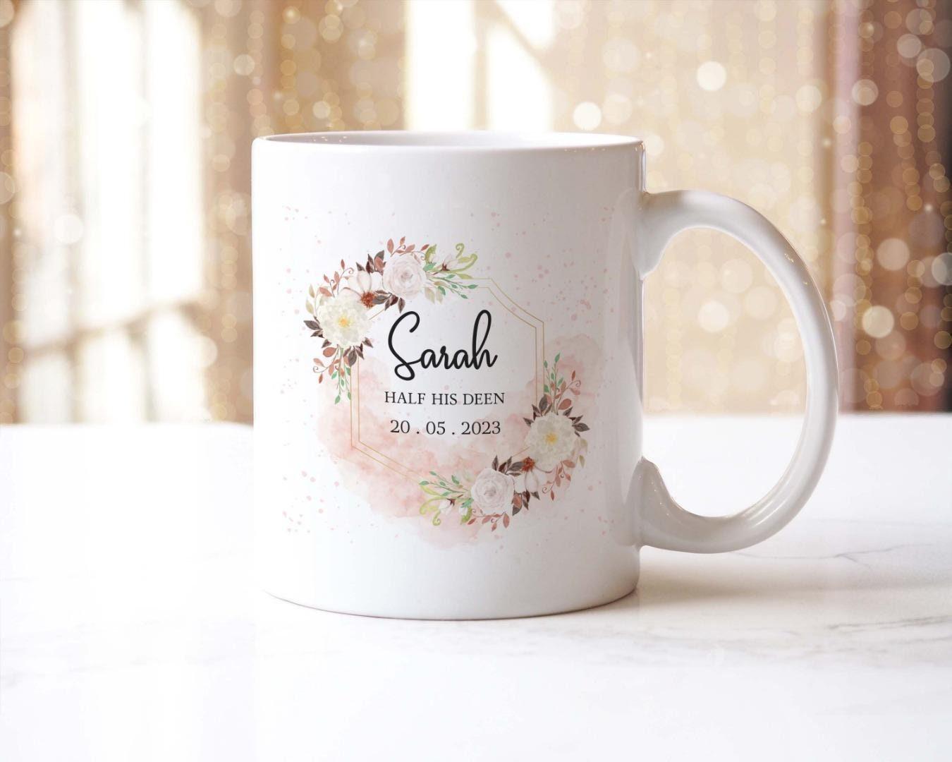 Personalised Islamic Couple Mug Set: Floral Wedding Gifts