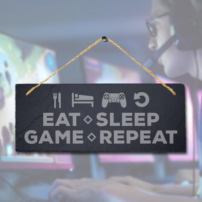 Eat Sleep Game Repeat Laser Engraved Hanging Slate Gamer Room Funny Plaque Sign