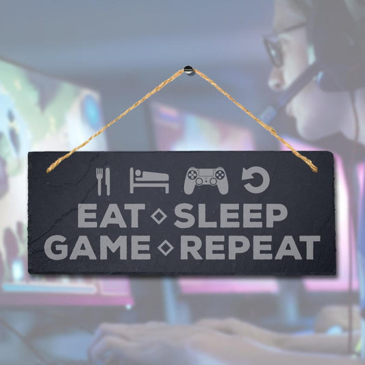 Eat Sleep Game Repeat Laser Engraved Hanging Slate Gamer Room Funny Plaque Sign