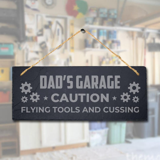 Dads Garage Caution Flying Tools Engraved Hanging Slate Workshop Shed Plaque Sign