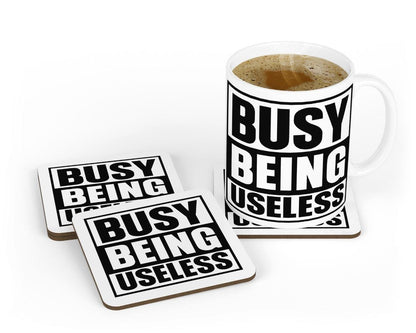 Busy Being Useless Mug & Coaster Set Funny Employees Workers Employers Tea Gift