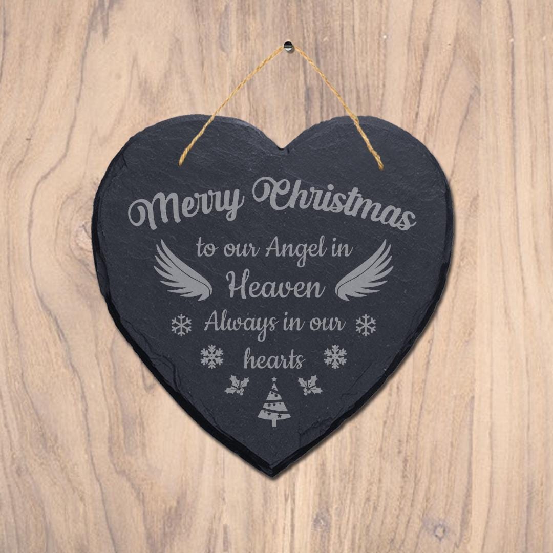 Merry Christmas To Our Angel Engraved Wall Hanging Memorial Heart Shape Slate Sign