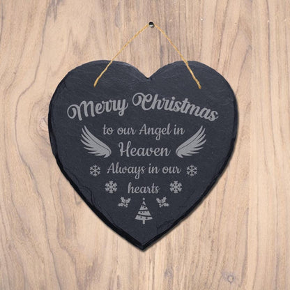 Merry Christmas To Our Angel Engraved Wall Hanging Memorial Heart Shape Slate Sign