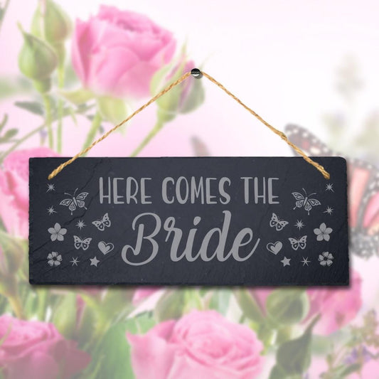 Here Comes Bride Laser Engraved Hanging Rustic Slate Wedding Party Plaque Sign