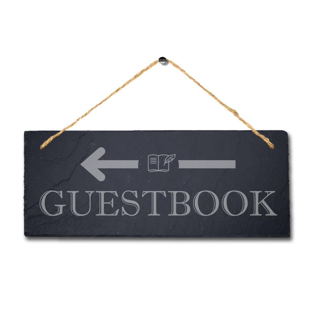 Guest Book Right Way Arrow Engraved Hanging Slate Wedding Venue Plaque Sign