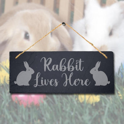 Rabbit Lives Here Laser Engraved Hanging Slate Rabbit Bunny Home Plaque Sign
