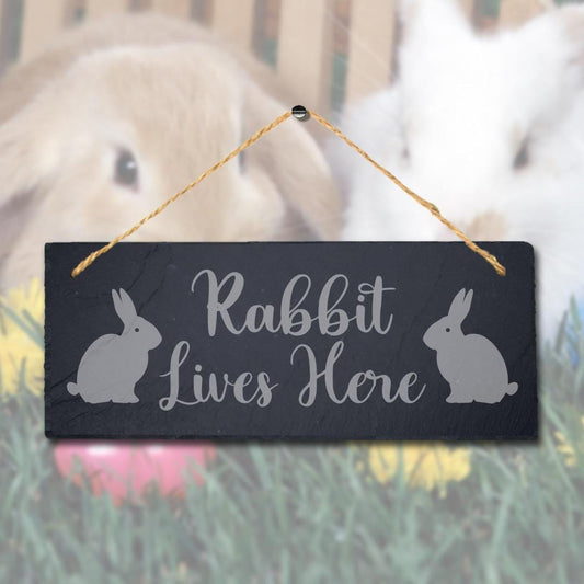 Rabbit Lives Here Laser Engraved Hanging Slate Rabbit Bunny Home Plaque Sign