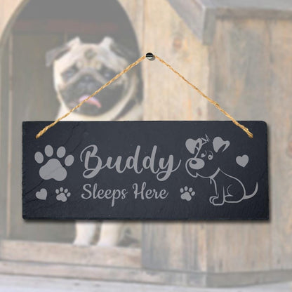 Buddy Sleeps Here Engraved Hanging Slate Dog Kennels Puppy Funny Gift Home Sign