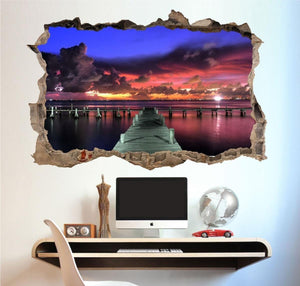 Sunset On Pontoon 3d Window View Wall Sticker Crack View Wall Decal Poster Office Vinyl Mural