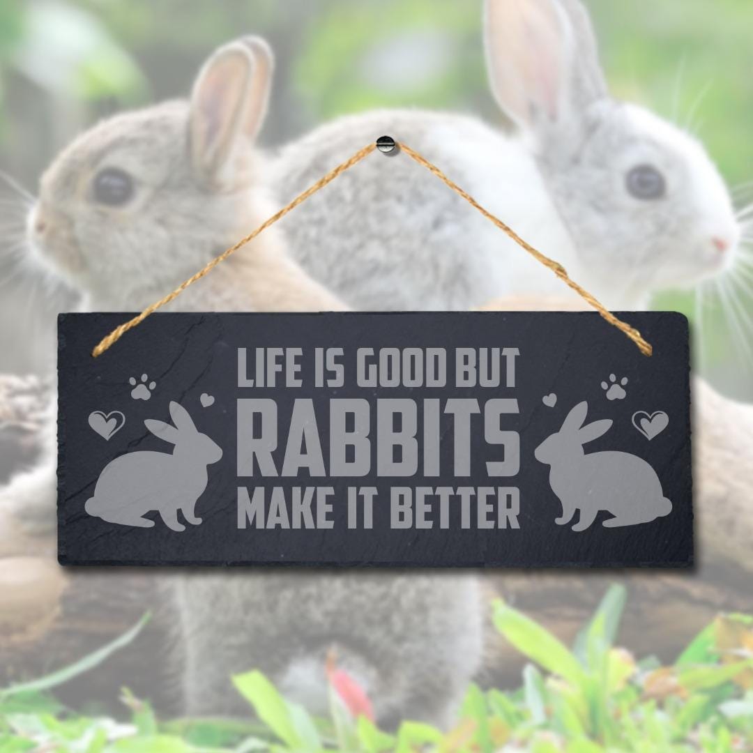 Life Is Good But Rabbits Make It Better Engraved Hanging Slate Bunny Plaque Sign
