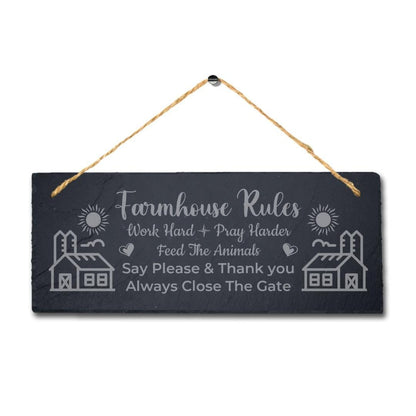 Farm House Rules Work Hard Laser Engraved Hanging Slate Farmhouse Plaque Sign