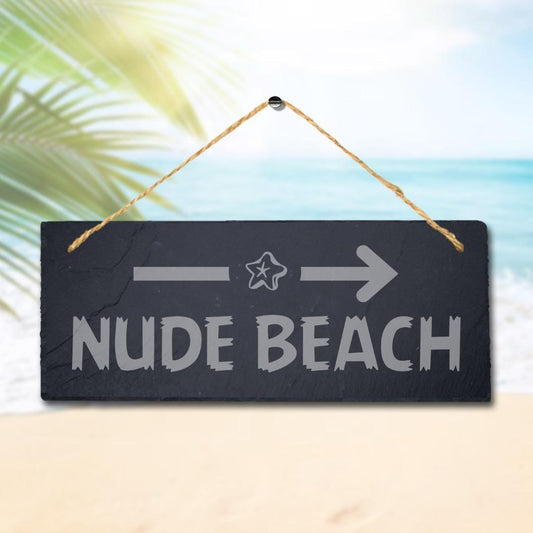 Nude Beach Left Way Arrow Engraved Hanging Slate Ocean Sea Beach Plaque Sign