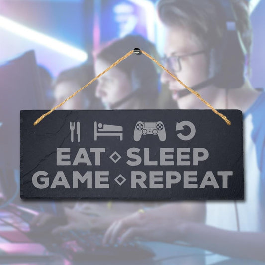 Eat Sleep Game Repeat Laser Engraved Hanging Slate Gamer Room Funny Plaque Sign