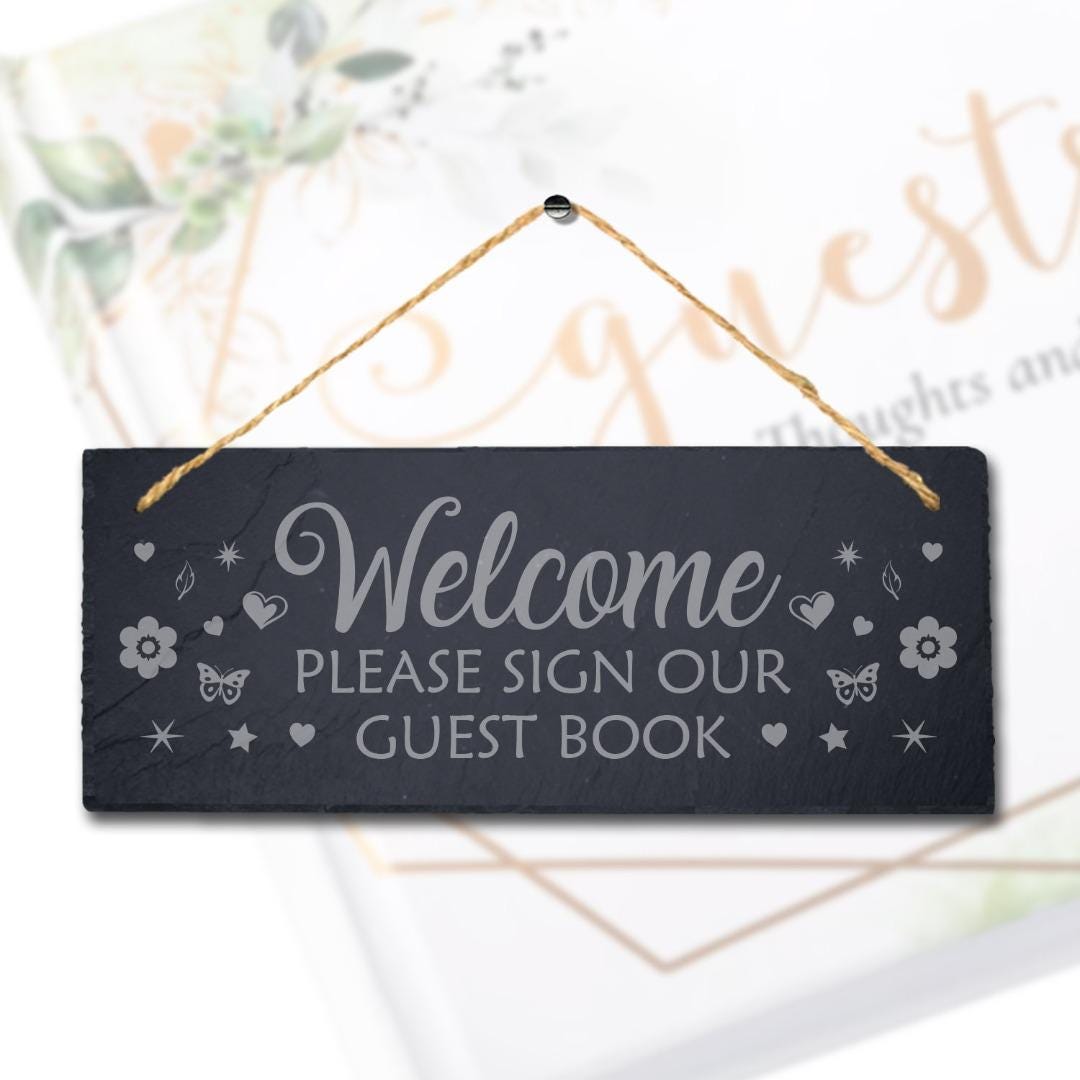 Welcome Guest Book Engraved Hanging Rustic Slate Wedding Christening Plaque Sign