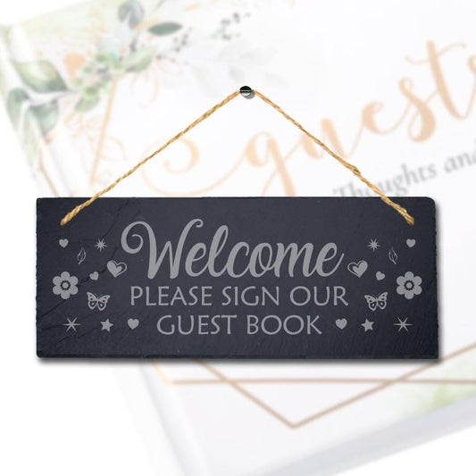 Welcome Guest Book Engraved Hanging Rustic Slate Wedding Christening Plaque Sign