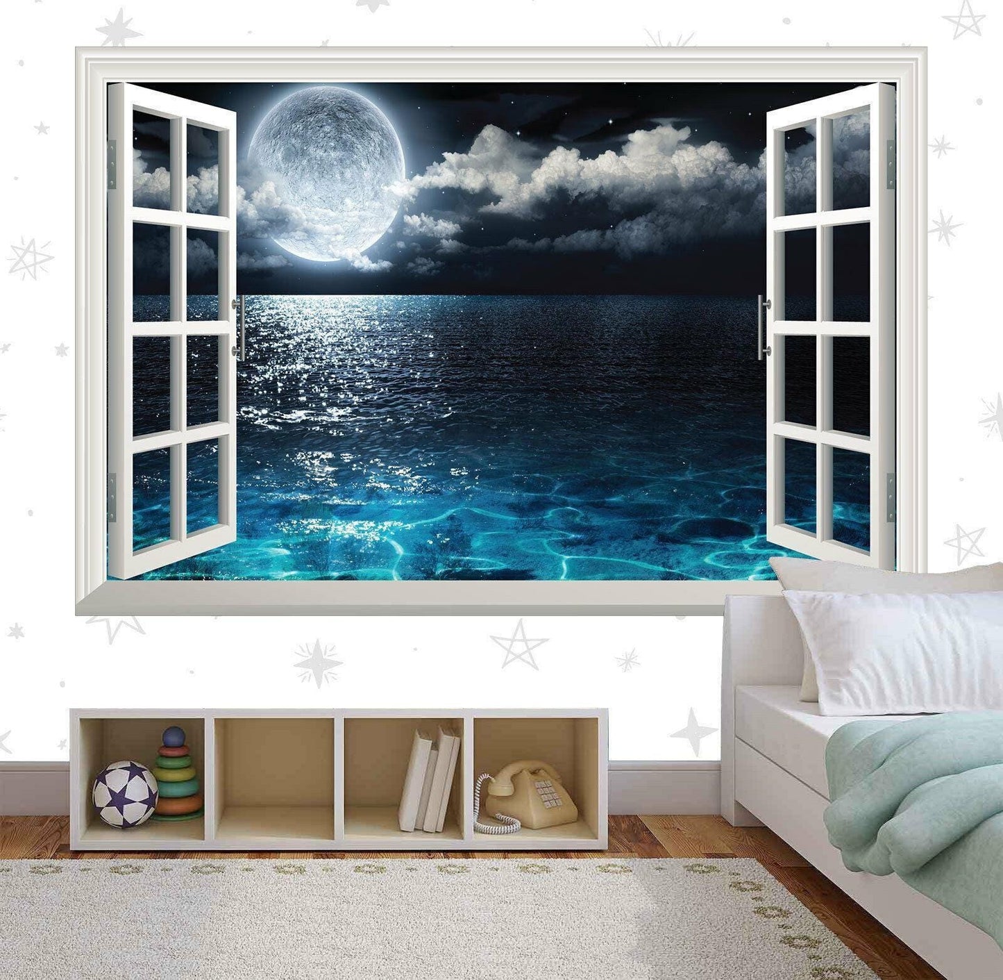 Full Moon Ocean View Wall Decal: 3D Window Seascape Mural