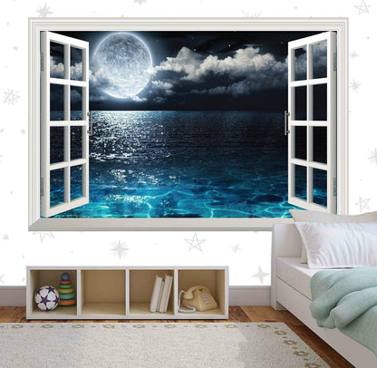 Full Moon Ocean View Wall Decal: 3D Window Seascape Mural