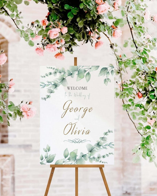 Personalised Eucalyptus Wedding Welcome Sign: Floral Print, Custom Text
