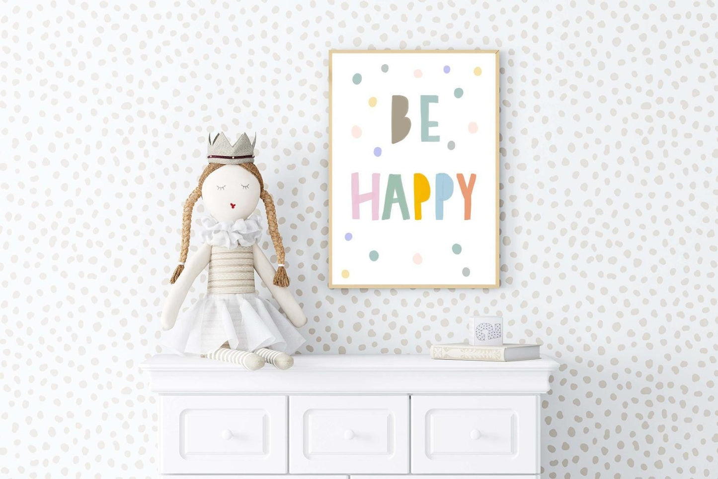 Be Happy Kids Boho Watercolour Hand Painted Effect Nursery Decor Wall Art Poster