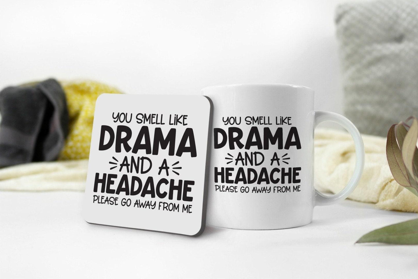 You Smell Like Drama Mug Coaster Gift Set Teacher Tea Cup Office Workspace Funny Receptionist Helpdesk Coffee Mug Set