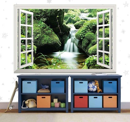 3D Waterfall Window View Wall Decal: Green Forest Mural