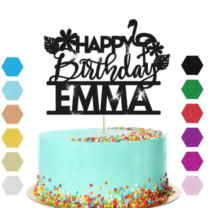 Personalised Flamingo Glitter Happy Birthday Cake Topper Party Cake Decoration