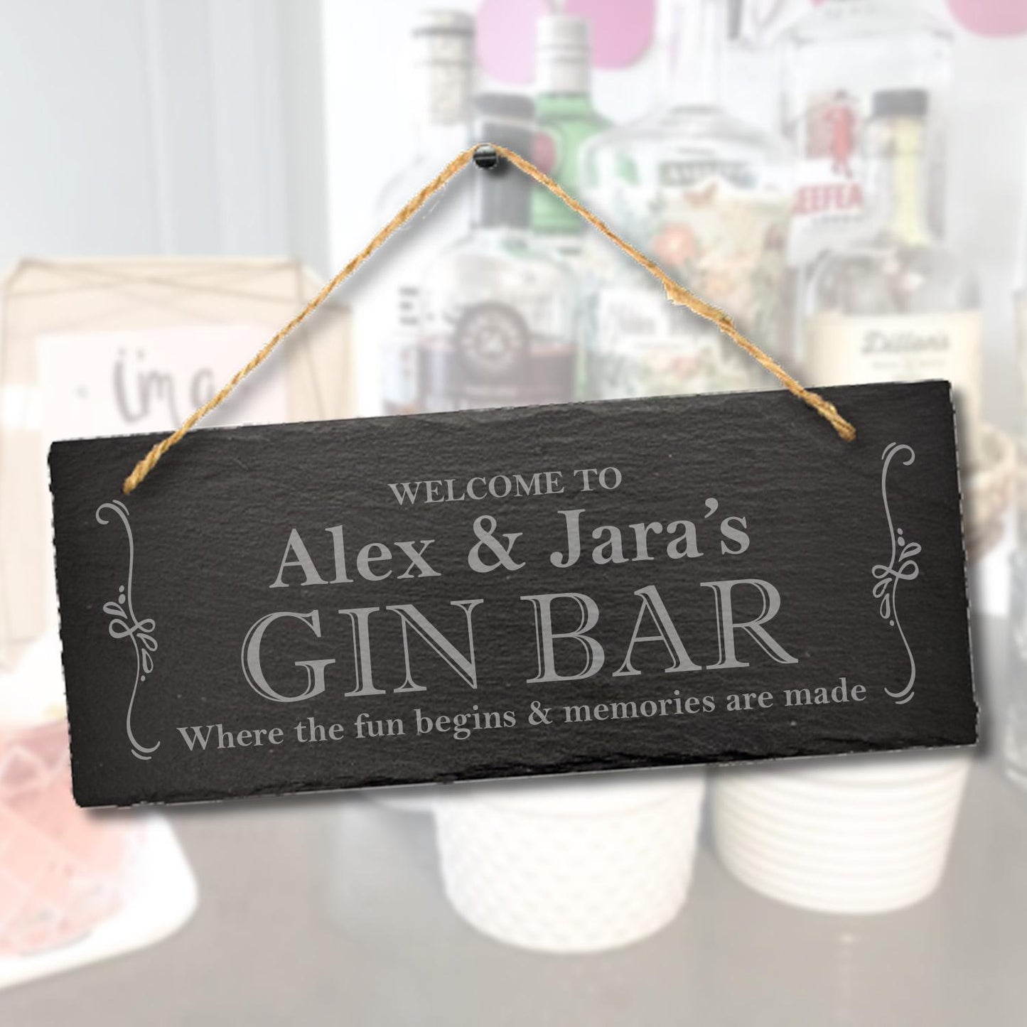 Personalised Welcome To Gin Bar Engraved Hanging Drinking Gift Slate Plaque Sign