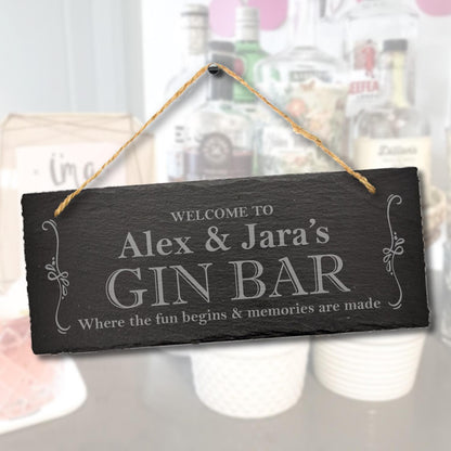 Personalised Welcome To Gin Bar Engraved Hanging Drinking Gift Slate Plaque Sign