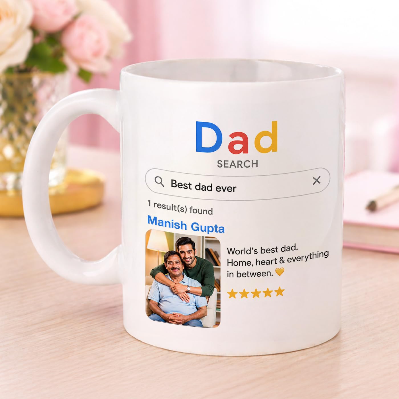 Personalized Ceramic Coffee Mug with Custom Photo and Name, Search Engine Theme Design for Dad, Customizable 11oz White Tea Cup for Home and Office, High Gloss Finish