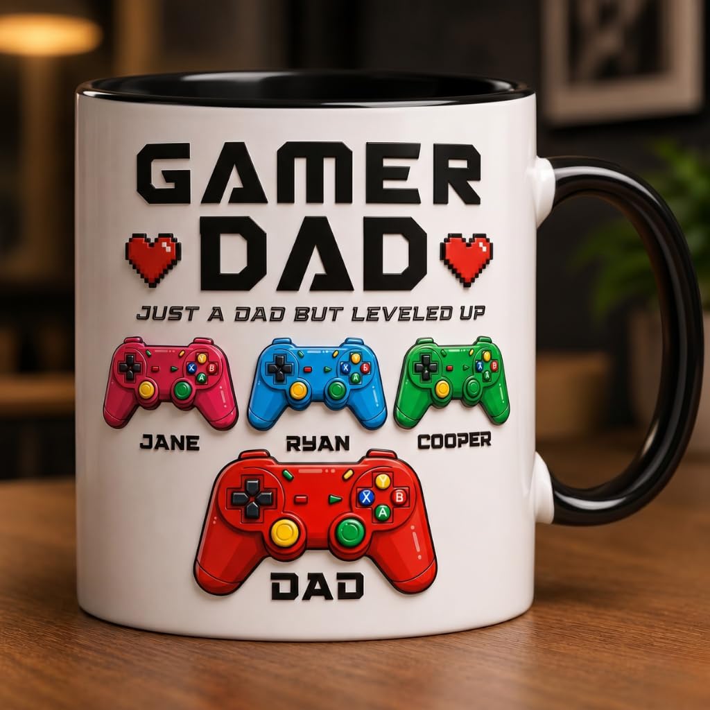 3D Personalized Gamer Dad | Ceramic Coffee Mug | Father's Day Gift | Stylish Printed Design | Tea & Coffee Cup | 11oz | Black Two-Tone Design