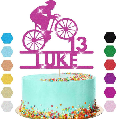 Personalised Glitter Bicycle Cake Topper: Cyclist Birthday Party Decor